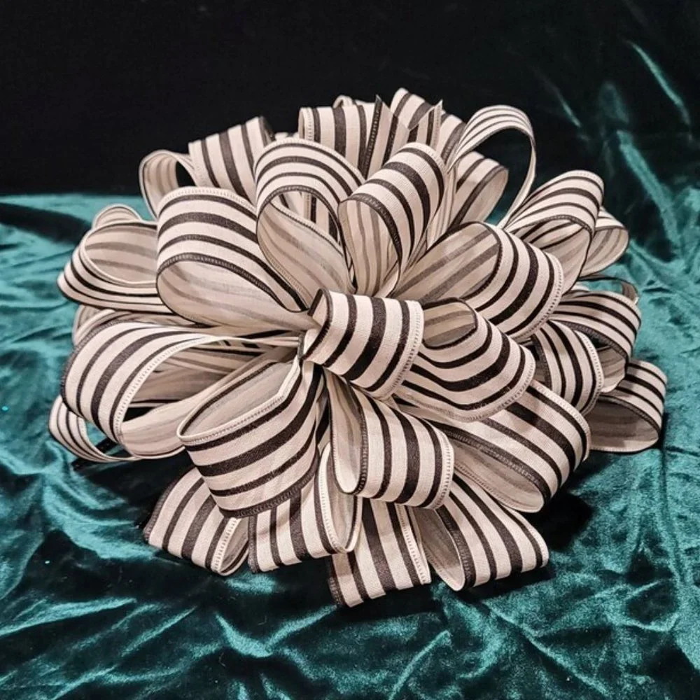Christmas Tree Bow Topper, Black and Cream Striped Bow Tree‎ Topper 44 Loop 2of2